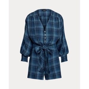 Ralph Lauren Black Label Linen Romper Sz 4 Blue Plaid Tie Waist V-Neck Pockets